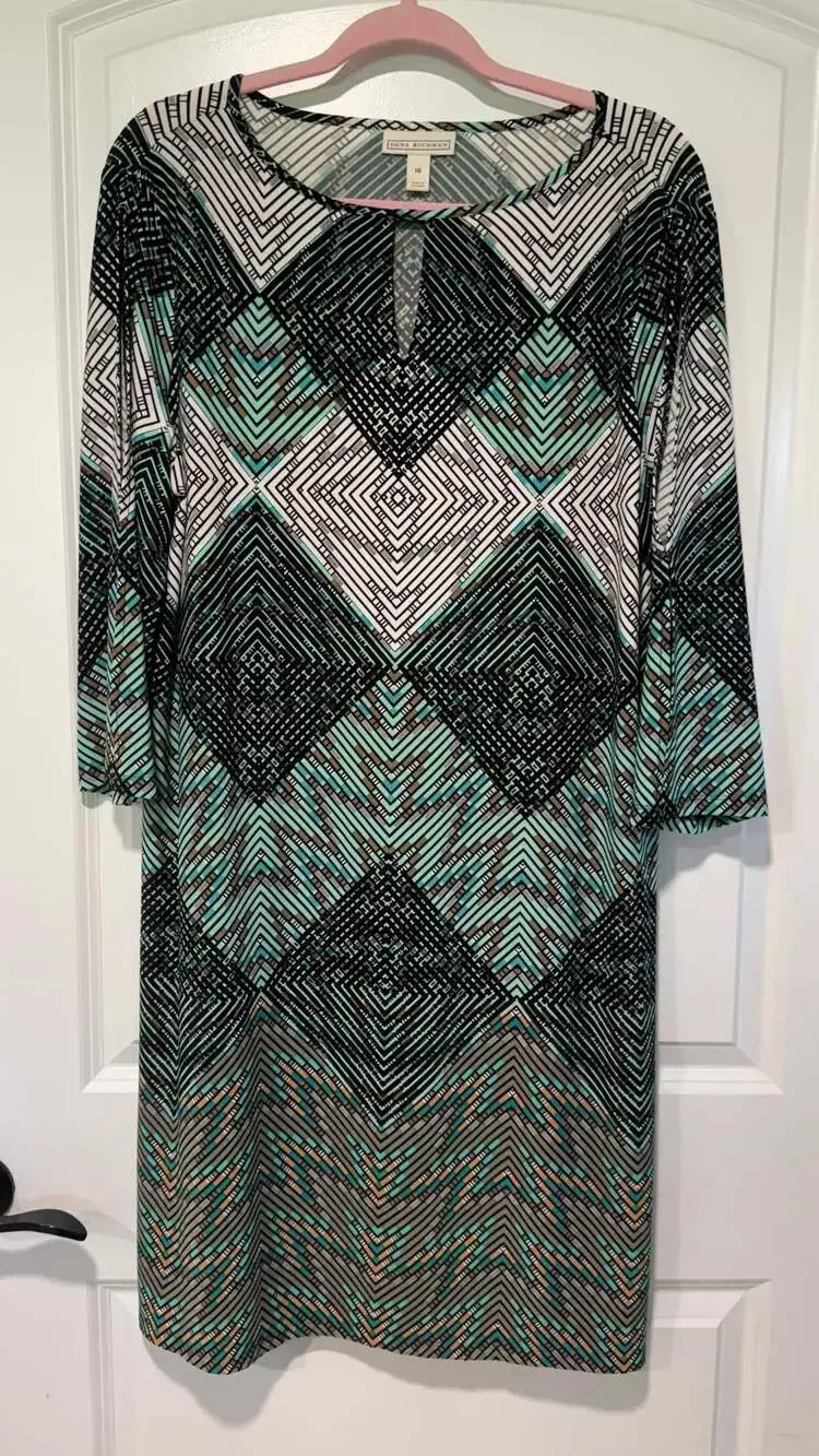 Geometric Shift Dress Office Career Stretch Modest Business Casual Size 16